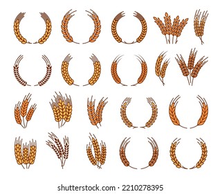 Laurel wreath, cereal wheat ears and spikes, organic farm product vector emblems. Laurel wreath of wheat, rye or oat ear spikes for bakery, bread flour or cereal food and farm organic products