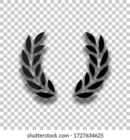 Laurel wreath, champion olive. Black glass icon with soft shadow on transparent background