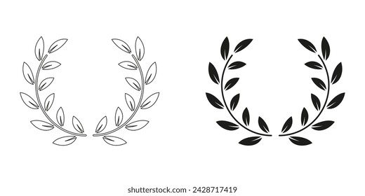 Laurel Wreath, Chaplet, Victory Certificate Symbol Collection. Foliate Award Line and Silhouette Black Icon Set. Tree Branch, Winner Emblem, Olive Leaf Pictogram. Isolated Vector Illustration.