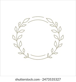 Laurel wreath circle frame line art minimalist decor element for award logo vector illustration. Botanical herbal plant tree branch round border outline monochrome simple design for luxury emblem