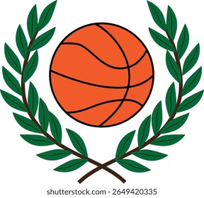 Coroa de louro com design de basquete clássico - Vetor estilizado de uma bola de basquete tradicional emoldurada por uma coroa de louro, representando espírito esportivo, competição e excelência.