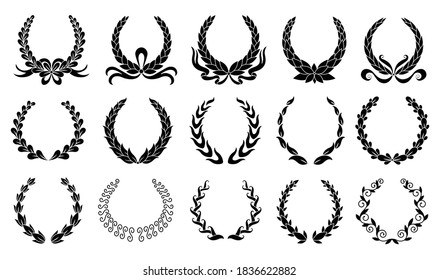 Laurel wreath. Collection of different black circular laurel, olive, wheat wreaths depicting an award, achievement, heraldry, nobility. Vector premium insignia, traditional victory symbol