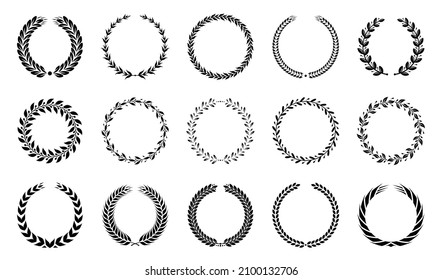 Laurel wreath collection. Heraldic round elements. Laurel foliate, wheat and olive wreaths