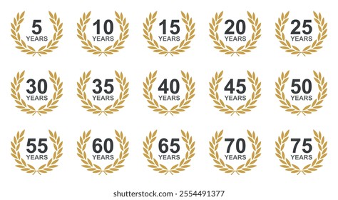 laurel wreath collection for jubilee. Anniversary icon or logo set with laurel wreath. Jubilee years celebration label or emblem design vector illustration. 