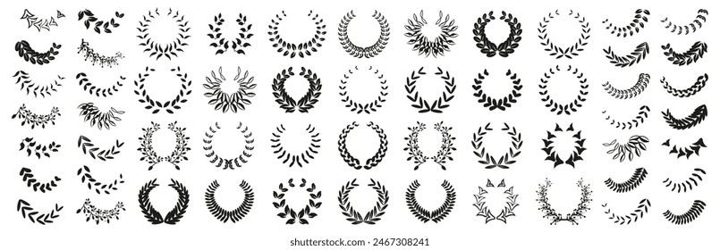 Laurel wreath collection. Set of black wreaths and branches. Laurels wreaths, swirls, twigs collection. Award, success, champion wreath icon collection