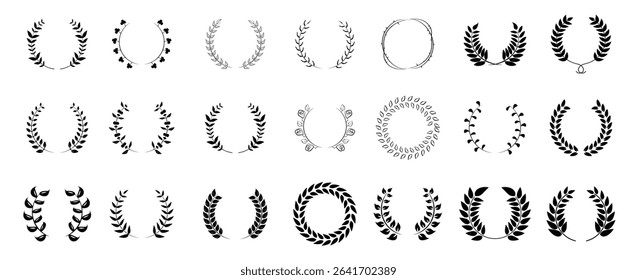 Laurel wreath collection. Set of black laurel wreath brunch decoration. Black vintage laurel wreath collection