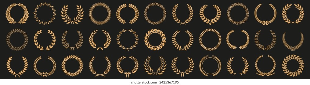 Laurel wreath collection. Set of wreaths and branches. Laurels wreaths, swirls, twigs collection. Award, success, champion wreath icon collection