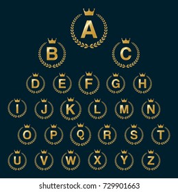 Laurel Wreath Crown logo icon with capital alphabet letters. Golden Font Design template elements - Letter A to Z.