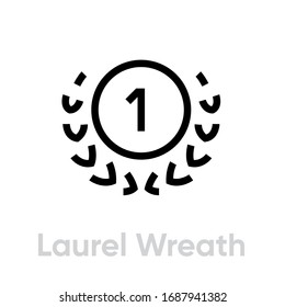 Laurel Wreath Cup icon. Editable line vector. Round element medal with leaves around and the number one inside. Single pictogram.