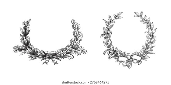 Laurel wreath. Decorative element at engraving style.