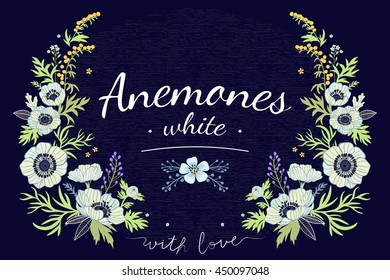 Laurel wreath. Decorative ornaments of flowers. Vintage card with a bouquet of flowers on a dark blue background. Anemone, plants and leaves. Cute floral elements for your design.