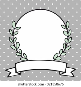 Laurel wreath decorative vector frame on polka dots grey background