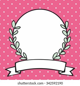 Laurel wreath decorative vector photo frame on polka dots pink background