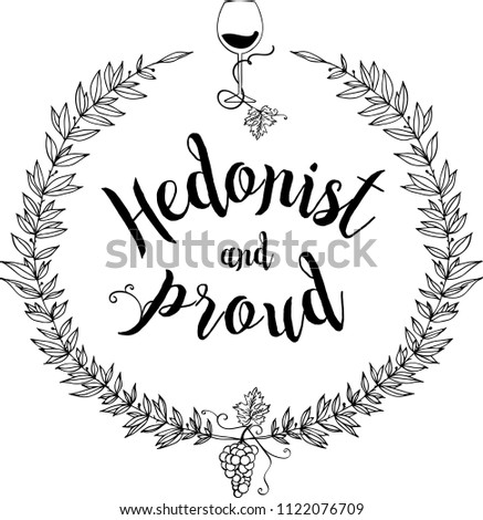 Laurel wreath doodle frame with wine glass and grapes. Hand drawn graphic style vector illustration.