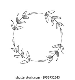 Laurel Wreath Of Four Branches With Leaves. Simple Frame For Logo, Tags, Farmhouse Decorations. Floral Border In Doodle Style. Contour Drawing In Black. Vector Illustration Isolated On White 