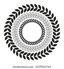 Laurel wreath frame. Decorative circular design. Black and white detail. Minimal elegant pattern.