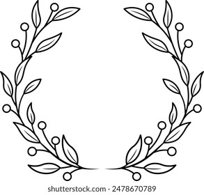 Laurel wreath frame isolated on white background. Border with leaves, wreaths, flower elements. Hand drawn sketch pencil style.