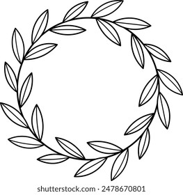 Marco de corona de laurel aislado sobre fondo blanco. Borde con hojas, coronas, Elementos de flores. Dibujado a mano boceto estilo lápiz.