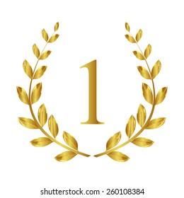 Laurel wreath of gold for the winner on a beige background. Number one, first, best prize