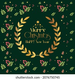 Laurel wreath with golden branches Watercolor illustration Happy new year and merry Christmas