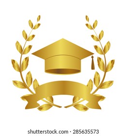 Laurel wreath. Graduation cap. Graduate. Education. Golden background