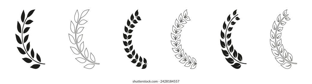 Laurel Wreath In Half Circle Shape Line and Silhouette Icon Set. Natural Heraldic Black Decoration Collection. Olive Leaf Ornate, Vintage Tree Branch, Floral Border. Isolated Vector Illustration. svg