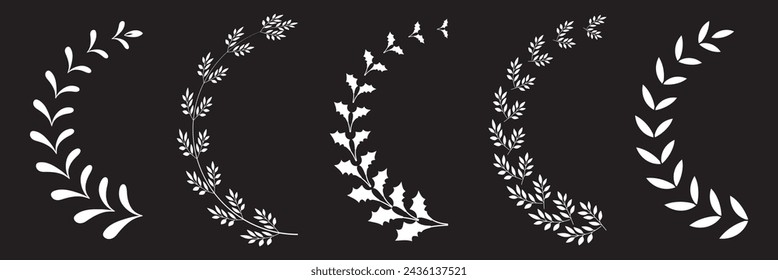 Laurel Wreath In Half Circle Shape Line and Silhouette Icon Set. Natural Heraldic Black Decoration Collection. Olive Leaf Ornate, Vintage Tree Branch, Floral Border. Isolated on black background.