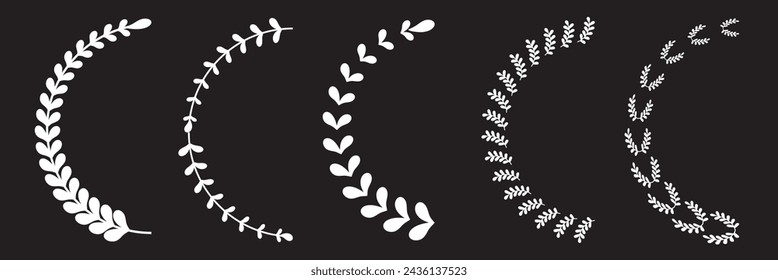 Laurel Wreath In Half Circle Shape Line and Silhouette Icon Set. Natural Heraldic Black Decoration Collection. Olive Leaf Ornate, Vintage Tree Branch, Floral Border. Isolated on black background.