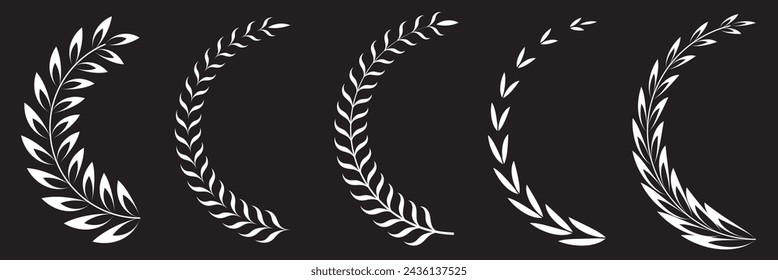 Laurel Wreath In Half Circle Shape Line and Silhouette Icon Set. Natural Heraldic Black Decoration Collection. Olive Leaf Ornate, Vintage Tree Branch, Floral Border. Isolated on black background.