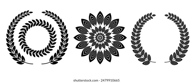 Laurel wreath. Hand drawing laurel wreaths and branches collection. Laurels wreaths, swirls, twigs and flower ornaments. Herbs, flowers and plants elements.. Vector illustration