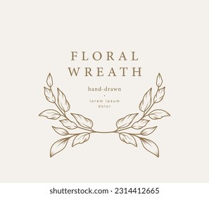 Laurel wreath. Hand drawn line floral frame. Vector illustration with branches and leaves for label, business identity, wedding invitation, greeting card, diploma.