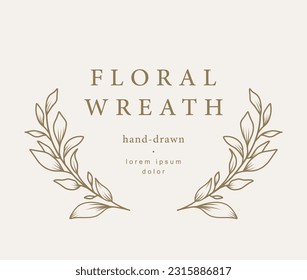 Laurel wreath. Hand drawn line floral frame. Vector illustration with branches and leaves for label, business identity, wedding invitation, greeting card, diploma