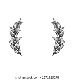 Laurel wreath hand drawn in vintage line art style. Victory symbol, elegant sketch design. Isolated on white background. Floral decorative element for wedding. 