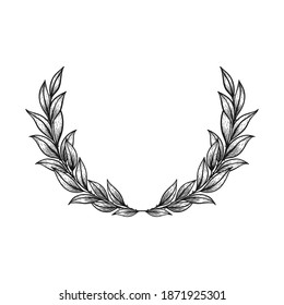 Laurel wreath hand drawn in vintage line art style. Victory symbol, elegant sketch design. Isolated on white background. Floral decorative element for wedding. 