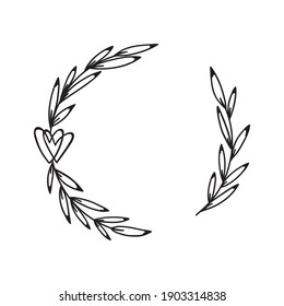 Laurel wreath with heart. Hand drawn floral frame with leaves. Decorative elements for wedding invitation, holiday design. Romantic branches silhouette. Vector illustration isolated.