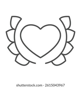 Laurel wreath and heart shape thin line icon, family lawyer concept. Vector graphics. Leaves and loving heart sign on white background, outline style icon for mobile or web design