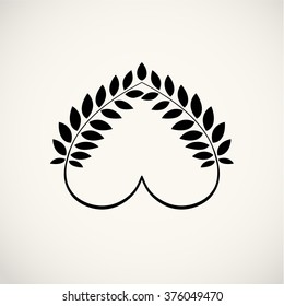 Laurel wreath, heart tattoo icon. Wheat, swirl, circular view signs. Stylized unusual ornament. Valentine day, birthday, defense, belief, glory, love symbol. Vector