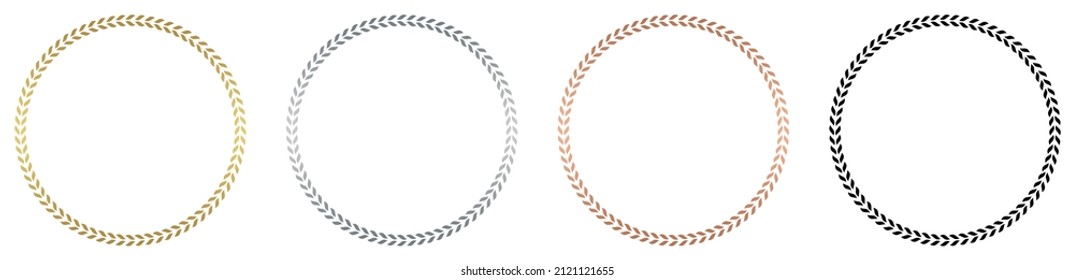 Laurel wreath honor vector in gold, silver, bronze, black.
Circle arrangement on White isolated background.