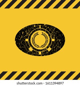 laurel wreath icon black grunge emblem inside yellow warning sign. Vector Illustration. Detailed.