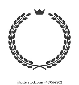 Laurel wreath icon with crown. Symbol of victory and achievement. Design element for medals, awards, coat of arms or anniversary logo. Gray silhouette isolated on white background. Vector illustration