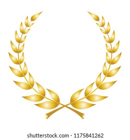 Laurel wreath icon. Emblem made of laurel branches. Golden laurel leaves symbol of high quality olive plants. Golden sign isolated on white background. Vector illustration