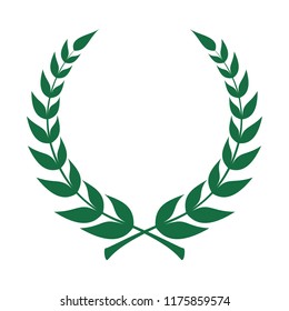 Laurel wreath icon. Emblem made of laurel branches. Laurel leaves symbol of high quality olive plants. Green sign isolated on white background. Vector illustration