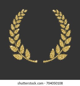 Laurel wreath icon with glitter effect, isolated on black background. Outline icon of laurel wreath. Symbols, vector pictogram. Symbol from golden particles dust.