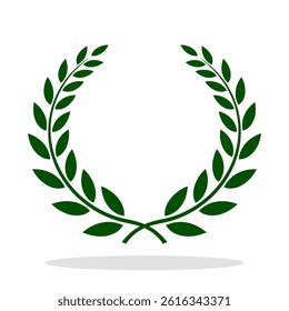 Laurel wreath icon. Green silhouette of a laurel wreath with a slight shadow, isolated on white background. Vector illustration.