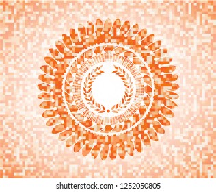 laurel wreath icon inside abstract emblem, orange mosaic background