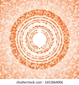 Lorbeer-Kranz-Symbol innerhalb eines abstrakten Emblems, orangefarbener Mosaikhintergrund
