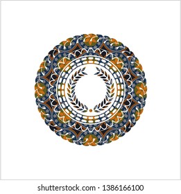 laurel wreath icon inside arabic badge background. Arabesque decoration.