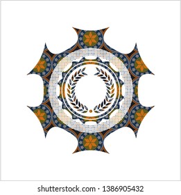 laurel wreath icon inside arabic badge background. Arabesque decoration.