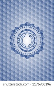 laurel wreath icon inside blue polygonal badge.