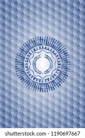 laurel wreath icon inside blue badge with geometric pattern.